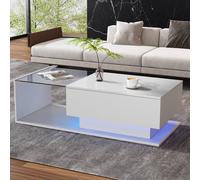 BTM High-Gloss LED Coffee Table with Glass Top & Drawer in White BTM White