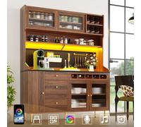 Btm Highboard 145X39X171Cm With Led And Wine Rack, Adjustable Shelves, Freestanding Cabinet, Walnut