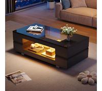 Btm Hollow Coffee Table 100X50X35Cm, Open Storage With Led, Glass Top, High Gloss End Table, Black, Mdf Glass