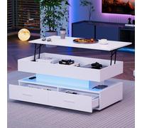 BTM Hydraulic Lift-Top LED Coffee Table with 2 Drawers & Storage in White BTM White