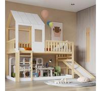 Btm Kids High Sleeper Bed 3Ft Single Wooden Bed Frame With Slide Roof And Windows Storage Space White 90X190Cm