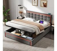 Btm King Bed Frame 5Ft, Upholstered Velvet, Hydraulic Storage & Drawers, Led Headboard, Grey