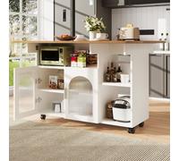 BTM Kitchen Island Buffet Cart with Wood Grain, Multifunctional Storage in White BTM White