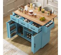 BTM Kitchen Island on Wheels Dining Cart Folding Tabletop Trolley in Blue BTM Blue