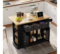 BTM Kitchen Island on Wheels with Dropleaf, Spice Rack & Charging Station in Black BTM Black