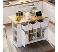 BTM Kitchen Island on Wheels with Dropleaf, Spice Rack & Charging Station in White BTM White
