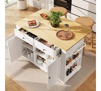 BTM Kitchen island trolley with power strip & wooden worktop in White BTM White