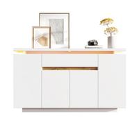 Btm Led Sideboard, 1 Drawer And 4 Doors Storage Cabinet, White And Natural, Living Room, Hallway, Kitchen, 140X40X80Cm