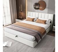 BTM Led Upholstered Bed Double Bed 4Ft6 135X190 Cm Hydraulic Usb Port Led Lighting Storage Adjustable Headboard Pu White