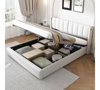 Btm Led Upholstered Bed King Size 5Ft 150X200Cm Hydraulic Bed Usb Port Led Lighting Storage Adjustable Headboard Pu White