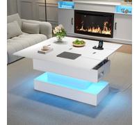 BTM Lift Top Coffee Table LED Storage USB Charging Sofa Dining Table in White BTM White