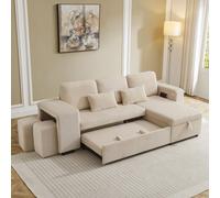 Btm Ltoshaped 3Tointo1 Convertible Sofa Bed With Storage Chaise, Charging Station, Corduroy, Beige