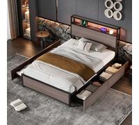 BTM Metal Bed, 3Ft Single Bed 90X190Cm, Led Light Strip, 4 Drawers, 2 Usb Ports, Grey