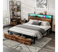 BTM Metal Bed, 4Ft6 Double Bed 135X190Cm, Led Light Strip, 2 Drawers, Usb Port, Wrought Iron Bed, Black+Walnut