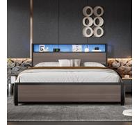 BTM Metal Bed, 4Ft6 Double Bed 135X190Cm, Led Light Strip, 4 Drawers, Usb Port, Wrought Iron Bed, Grey