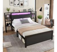 Btm Metal Bed 4Ft6 Double With Led Lights, Usb & Type-C Charging Ports, Side Table Attached, Black