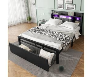 Btm Metal Bed 4Ft6 Double With Led Lights, Usb & Type-C Ports, 2 Drawers, Storage Headboard, Black