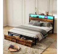 Btm Metal Double Bed 4Ft6 With Led Light 2 Drawers Usb Ports Wrought Iron Frame Black Walnut 135X190Cm
