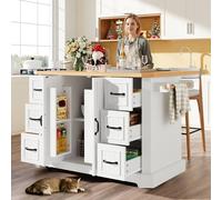 BTM Mobile Kitchen Island Cart with 2 Doors & 6 Drawers, White/Black in White BTM White