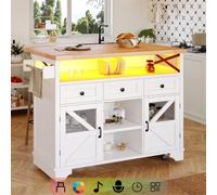BTM Multifunctional Mobile Kitchen Island Cart with LED & Storage in White BTM White