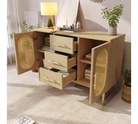 Btm Oak Rattan Sideboard With 2 Doors, 3 Drawers, Adjustable Shelves, Anti-Tip, For Living Room/bedroom/hallway, 120Cm