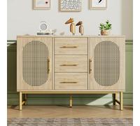 Btm Oak Rattan Sideboard With 2 Doors, 3 Drawers, Adjustable Shelves, Anti-Tip, For Living Room/bedroom/hallway, 120Cm