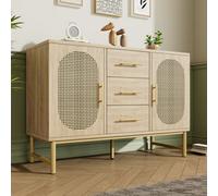 Btm Oak Rattan Sideboard With 2 Doors, 3 Drawers, Adjustable Shelves, Anti-Tip, For Living Room/bedroom/hallway, 120Cm
