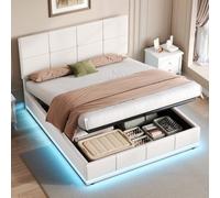 Btm Ottoman Double Bed Led Pu Leather Upholstered Frame Hydraulic Storage Square Tufted Headboard Cream