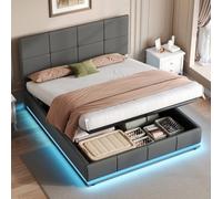 Btm Ottoman Double Bed Led Pu Leather Upholstered Frame Hydraulic Storage Square Tufted Headboard Grey