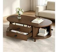 BTM Oval Coffee Table Sliding Doors Storage Walnut MDF Side Table Sofa BTM Walnut