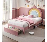 BTM Pink Velvet Upholstered Bed with Adjustable Rainbow Headboard | Size: Double BTM Pink Double