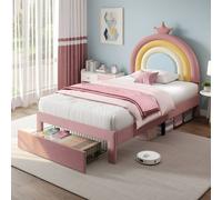 BTM Pink Velvet Upholstered Bed with Adjustable Rainbow Headboard | Size: Single BTM Pink Single