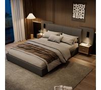 BTM PU Double Bed with Charging Port, Lighting & Soft Headboard in Grey BTM Grey