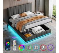 Btm Pu Leather Ottoman Double Bed With Led, Hydraulic Storage, Adjustable Channel Tufted Headboard, Grey