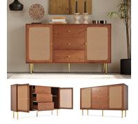 Btm Rattan Sideboard Cabinet, 2 Doors & 3 Drawers, Adjustable Shelf, Walnut 150X40X90Cm