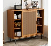 Btm Rattan Sideboard Cabinet, Kitchen Storage Cupboard With 2 Sliding Barn Doors & Adjustable Shelves, Walnut, 100X37X90Cm