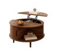 Btm Round Coffee Table With Vertical Slats, Lift-Top Storage, Sliding Door, Mdf
