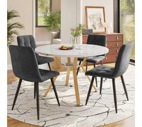 Btm Round Marble Dining Table Set With Four Grey Velvet Chairs Gold Legs Modern Five Piece Dining Set