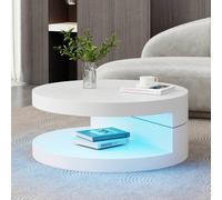 BTM Round Rotating Coffee Table with LED Lights & Open Storage in White BTM White