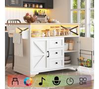 BTM Serving Cart with Drop-Leaf Table & LED, Kitchen Island in White BTM White