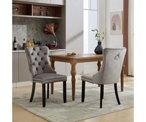 Btm Set Of 2 Modern Velvet Dining Chairs, Button Tufted With Solid Wood Legs And Knocker Ring For Dining Or Living Room (Grey)