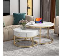 Btm Set Of 2 Round Coffee Tables With Drawers, Nesting Tables With Gold Metal Frame & Marble Pattern Top, For Living Room & Office