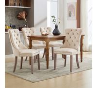 Btm Set Of 4 Modern Velvet Dining Chairs, Button Tufted With Wood Legs And Knocker Ring For Dining Or Living Room (Beige)