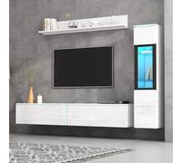 Btm Set Of Three White High Gloss Tv Wall Units With Led Tv Stand Display Cabinet And Hanging Shelf