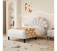 BTM Single Bed, 3FT-90x190cm Upholstered Single Bed Frame with Height-adjustable Headboard & Solid Wood Slat, Beige Velvet(No Mattress)