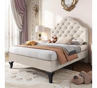 BTM Single Bed 90 * 190, Upholstered Bed with Slatted Frame and Headboard, Upholstered Bed with Height-adjustable Headboard, Velvet, Beige