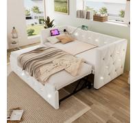 Btm Single Daybed Sofa Bed With Usb & Type-C Ports, Trundle Bed 3Ft 90X190Cm, Velvet Beige Upholstered