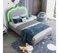 Btm Single Upholstered Bed 3Ft 90X190Cm Led Headboard Linen Bed Frame Wood Slat Grey Adjustable Teen Bed