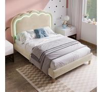 Btm Single Upholstered Bed 3Ft 90X190Cm Led Headboard Velvet Frame Wood Slat Beige Teen Bed No Mattress