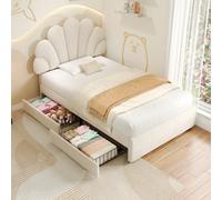 Btm Single Upholstered Bed Petal Headboard Velvet Frame 2 Storage Drawers Wood Slat Beige Easy Assembly